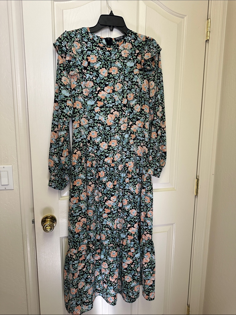 Nasty Gal Black Maxi Dress with Coral and Light Blue Floral Print